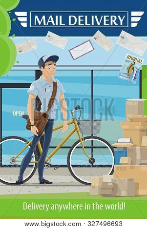 Post Office And Postman With Letters And Parcels Vector Design Of Mail Delivery And Postal Service. 