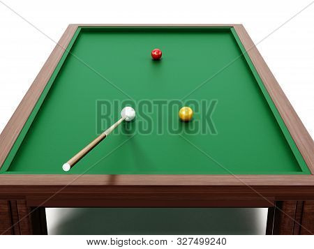 3 Cushion Billiards Table And Balls With Pool Cue. 3d Illustration.