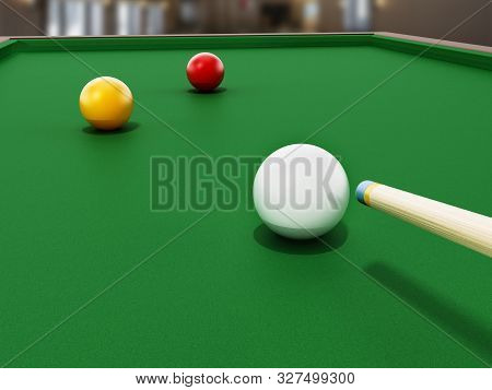 3 Cushion Billiards Table And Balls With Pool Cue. 3d Illustration.