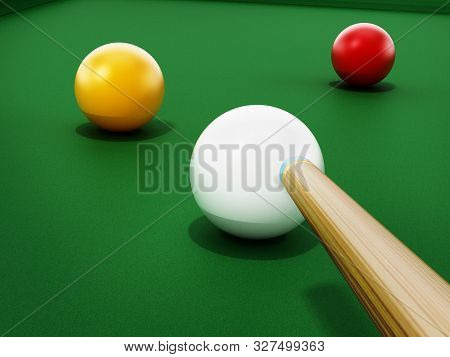 3 Cushion Billiards Table And Balls With Pool Cue. 3d Illustration.