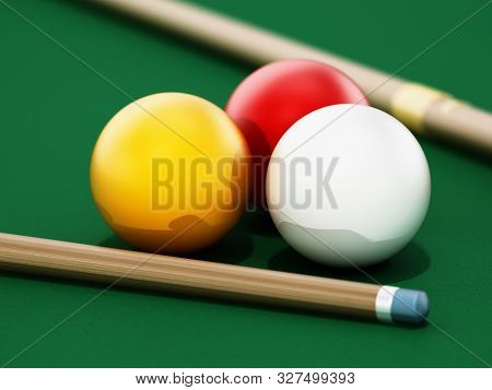 3 Cushion Billiards Table And Balls With Pool Cue. 3d Illustration.