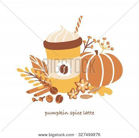 Cute Vector Illustration Pumpkin Spice Latte. Seasonal Card Design With Hand Drawn Take Away Coffee 