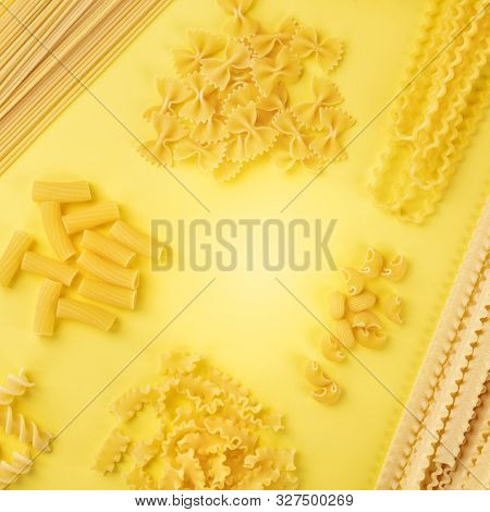 Italian Pasta, Square Flatlay Banner With Copyspace, A Top Shot On A Yellow Background, A Design Tem