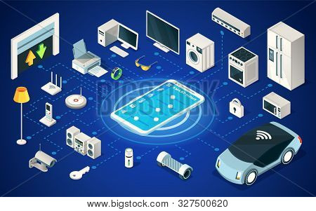Set Of Digital Home Devices Connected By Wi-fi. Iot Technology For House Gadgets Or Internet Of Thin