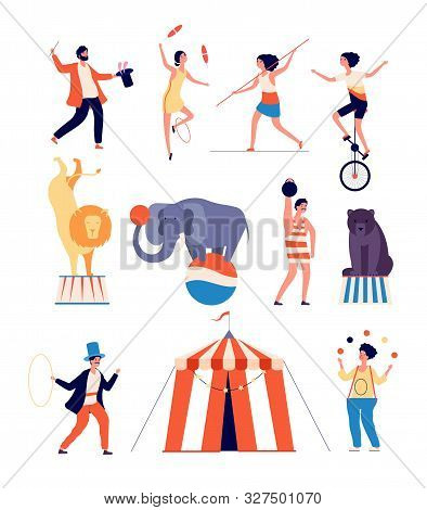 Circus Actors. Clown And Magician, Juggler And Balancer, Animal Trainer And Strong Man. Shapito Circ