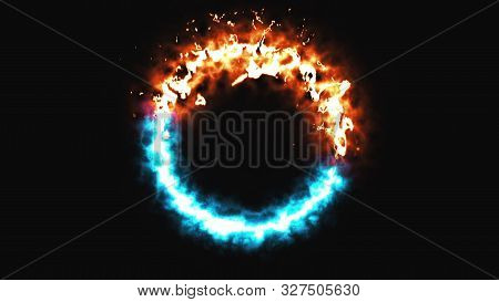 Bright Dymanic Fire And Ice Ring In Space, This Is Opposite Symbol, 3d Render, Computer Generated Ba