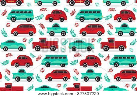 Seamless Pattern Of Green And Red Cartoon Car In Flat Vector. Transport Vehicle. Children S Cute Bac