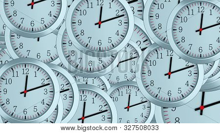 Many 3d Simple Clocks With Hour, Second And Minute Arrows, Computer Generated Modern Business Backdr