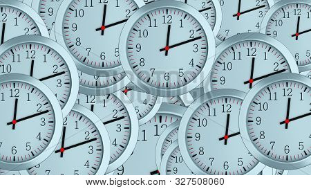 Many 3d Simple Clocks With Hour, Second And Minute Arrows, Computer Generated Modern Business Backdr