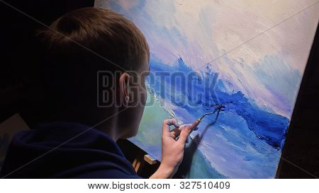 Artist Copyist Paint Seascape With Ship In Ocean. Craftsman Decorator Draw As Boat Sail On Blue Sea 