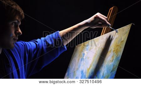 Artist Copyist Paint Seascape With Ship In Ocean. Craftsman Decorator Draw As Boat Sail On Blue Sea 