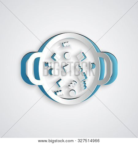 Paper Cut Cooking Soup In Pot Icon Isolated On Grey Background. Boil Or Stew Food Symbol. Paper Art 