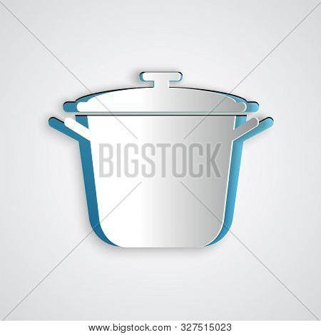 Paper Cut Cooking Pot Icon Isolated On Grey Background. Boil Or Stew Food Symbol. Paper Art Style. V