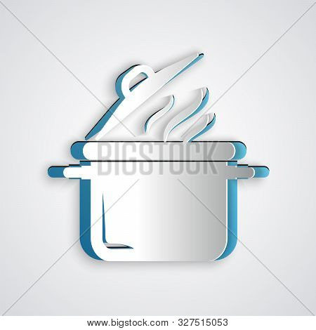 Paper Cut Cooking Pot Icon Isolated On Grey Background. Boil Or Stew Food Symbol. Paper Art Style. V