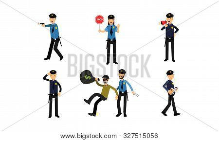 Policeman Characters In Variuos Daily Actions Vector Illustration Set Isolated On White Background