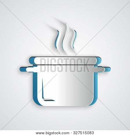 Paper Cut Cooking Pot Icon Isolated On Grey Background. Boil Or Stew Food Symbol. Paper Art Style. V