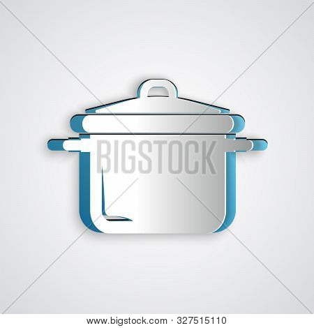 Paper Cut Cooking Pot Icon Isolated On Grey Background. Boil Or Stew Food Symbol. Paper Art Style. V
