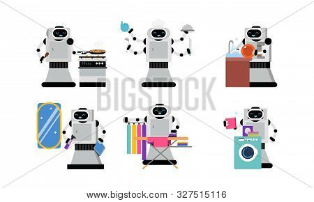 Character Of Robot Helper In Daily Housework Vector Illustration Set Isolated On White Background