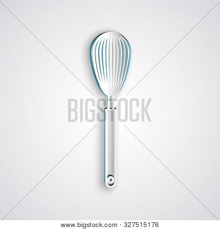 Paper Cut Kitchen Whisk Icon Isolated On Grey Background. Cooking Utensil, Egg Beater. Cutlery Sign.