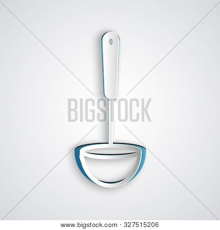 Paper Cut Kitchen Ladle Icon Isolated On Grey Background. Cooking Utensil. Cutlery Spoon Sign. Paper