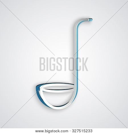 Paper Cut Kitchen Ladle Icon Isolated On Grey Background. Cooking Utensil. Cutlery Spoon Sign. Paper