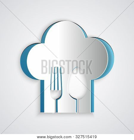 Paper Cut Chef Hat With Fork And Spoon Icon Isolated On Grey Background. Cooking Symbol. Restaurant 