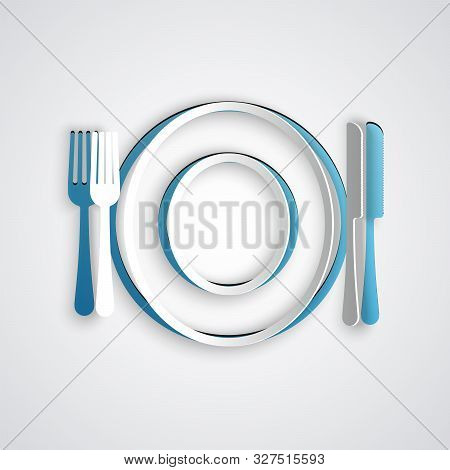 Paper Cut Plate, Fork And Knife Icon Isolated On Grey Background. Cutlery Symbol. Restaurant Sign. P
