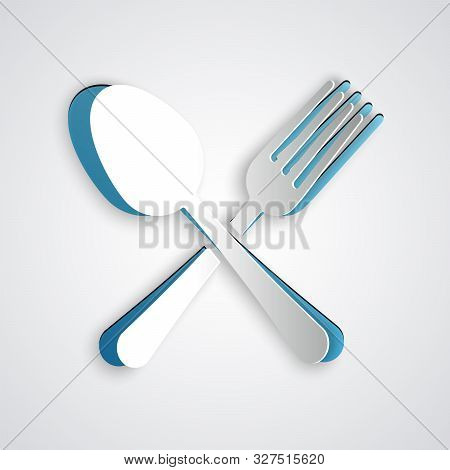 Paper Cut Crossed Fork And Spoon Icon Isolated On Grey Background. Cooking Utensil. Cutlery Sign. Pa