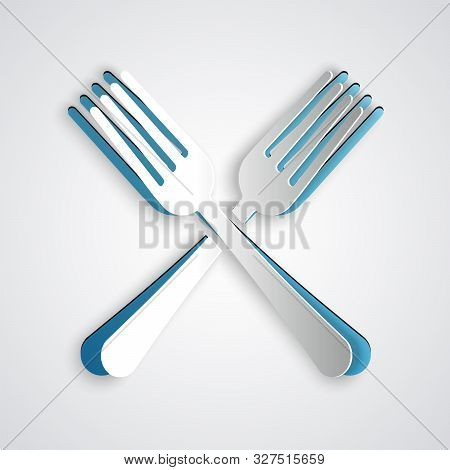 Paper Cut Crossed Fork Icon Isolated On Grey Background. Cutlery Symbol. Paper Art Style. Vector Ill