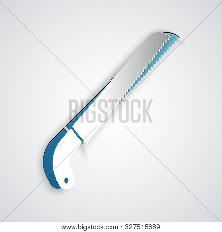 Paper Cut Garden Saw Icon Isolated On Grey Background. Paper Art Style. Vector Illustration