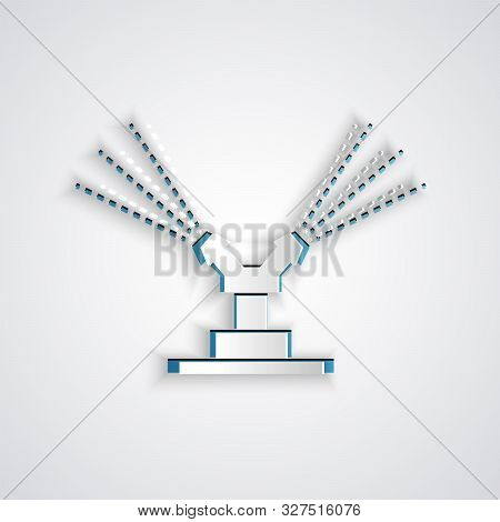 Paper Cut Automatic Irrigation Sprinklers Icon Isolated On Grey Background. Watering Equipment. Gard