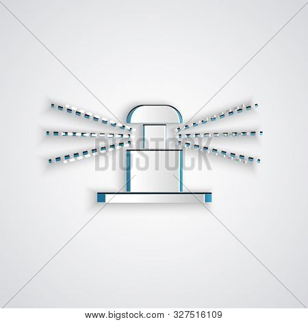 Paper Cut Automatic Irrigation Sprinklers Icon Isolated On Grey Background. Watering Equipment. Gard