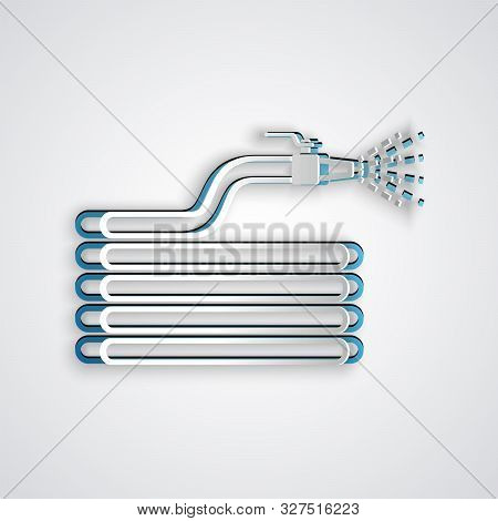 Paper Cut Garden Hose Or Fire Hose Icon Isolated On Grey Background. Spray Gun Icon. Watering Equipm