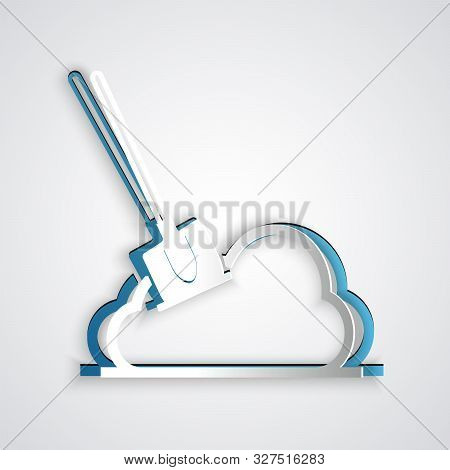 Paper Cut Shovel In The Ground Icon Isolated On Grey Background. Gardening Tool. Tool For Horticultu