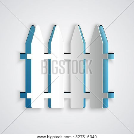 Paper Cut Garden Fence Wooden Icon Isolated On Grey Background. Paper Art Style. Vector Illustration