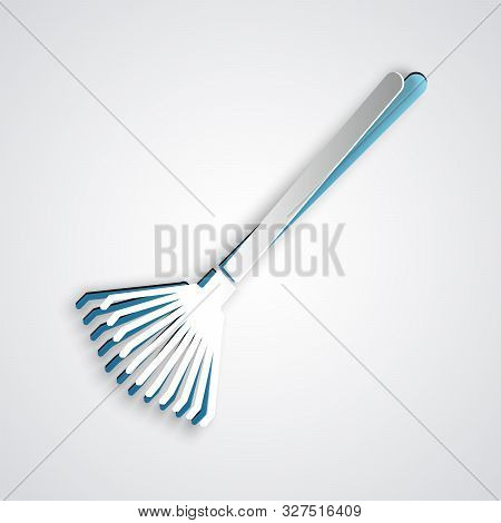 Paper Cut Garden Rake For Leaves Icon Isolated On Grey Background. Tool For Horticulture, Agricultur