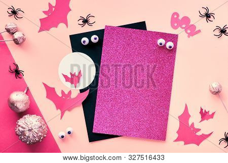 Creative Paper Craft Halloween Flat Lay In Pink, Magenta And Black. Top View With Cipy-space On Stac