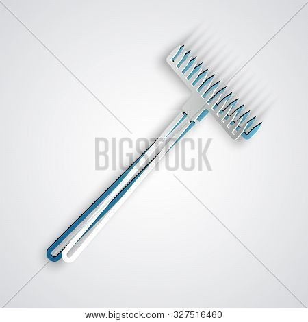 Paper Cut Garden Rake Icon Isolated On Grey Background. Tool For Horticulture, Agriculture, Farming.