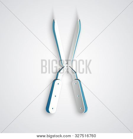 Paper Cut Gardening Handmade Scissors For Trimming Icon Isolated On Grey Background. Pruning Shears 