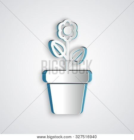 Paper Cut Flower In Pot Icon Isolated On Grey Background. Plant Growing In A Pot. Potted Plant Sign.