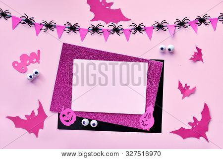 Creative Paper Craft Halloween Flat Lay In Pink And Black. Top View With Cipy-space On Stack Of Card