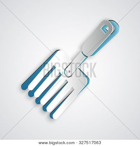Paper Cut Garden Fork Icon Isolated On Grey Background. Pitchfork Icon. Tool For Horticulture, Agric