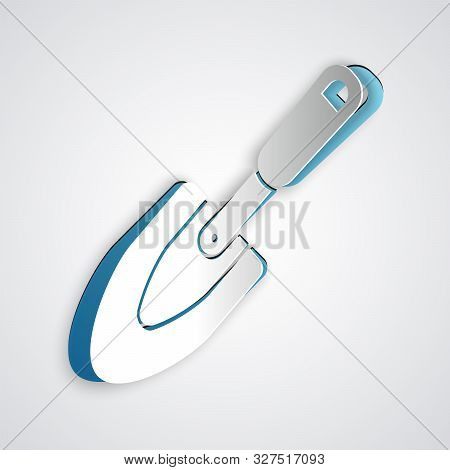 Paper Cut Garden Trowel Spade Or Shovel Icon Isolated On Grey Background. Gardening Tool. Tool For H