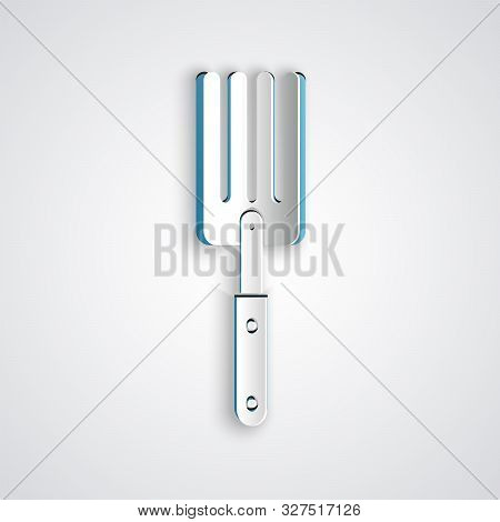 Paper Cut Garden Fork Icon Isolated On Grey Background. Pitchfork Icon. Tool For Horticulture, Agric
