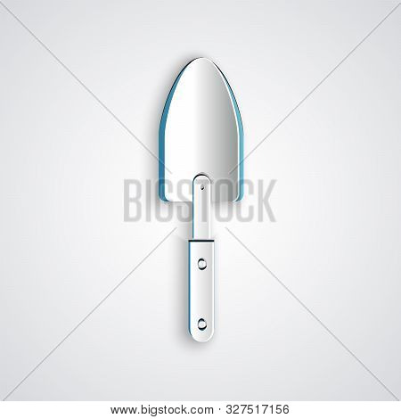 Paper Cut Garden Trowel Spade Or Shovel Icon Isolated On Grey Background. Gardening Tool. Tool For H