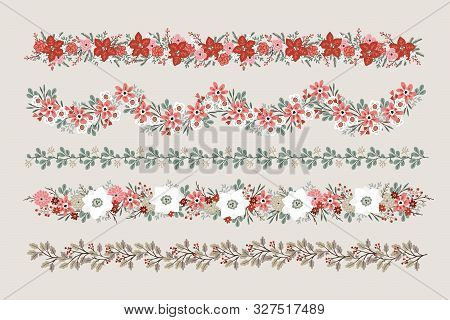 Set Of Christmas Floral Borders, Strings, Garlands Or Brushes. Party Decoration With Fir, Oak And Eu