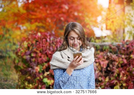 Smart Phone Autumn Woman Writting Sms On Mobile Phone In Fall. Autumn Girl Having Smartphone Convers
