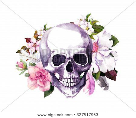 Human Skull With Flowers, Feathers. Watercolor In Boho Style For Tattoo, Stiker