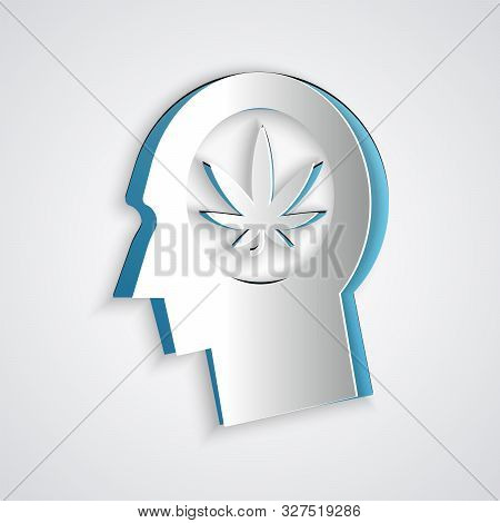 Paper Cut Silhouette Of Male Head In Profile With Marijuana Or Cannabis Leaf Icon Isolated On Grey B
