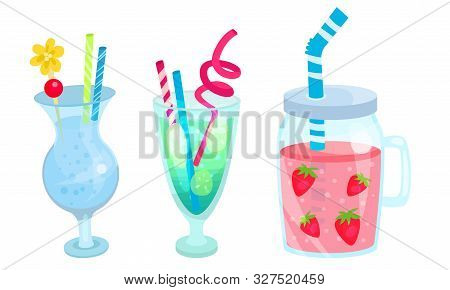 Set Of Cocktails With Ice In Transparent Glasses. Vector Illustration.